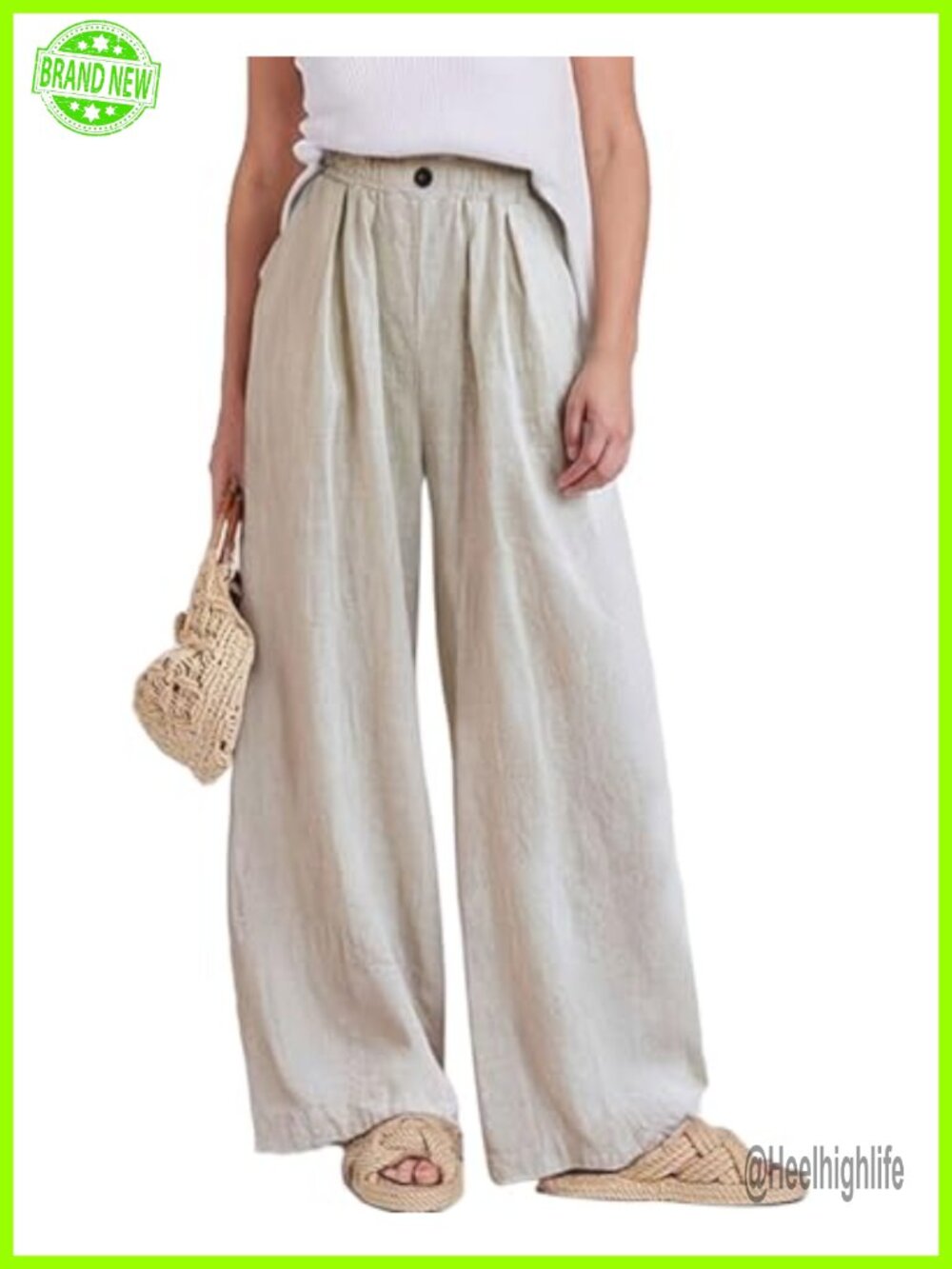 Linen Cotton Wide Leg Pants Elastic Waist Pockets Palazzo Casual